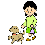 おさげをした女の子がリードに繋いだ犬をさんぽしているイラスト