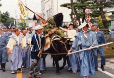 大勢の着物姿の男性たちが祭りの催しの牛を引いている写真