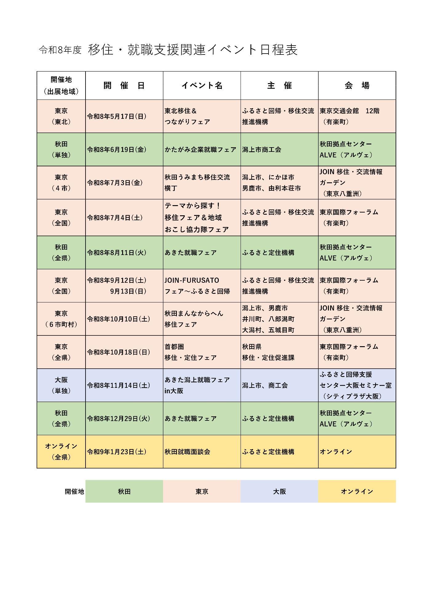 移住・就職支援関連イベント日程表