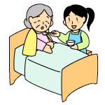 介護士の女性がベッドに座っているおばあさんに食事を食べさせているイラスト