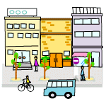 商店街通りの歩道を歩く人や自転車で通る人、道路を車が走っているイラスト
