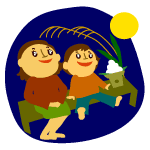 お母さんと男の子がお団子とススキを飾ってお月見をしているイラスト