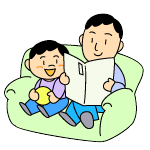 お父さんと男の子がソファーに座ってくつろいでいるイラスト