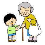 杖をついて買い物袋を持っているおばあさんを男の子が助けようとしているイラスト
