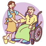 車いすに座っているお年寄りの腕を、エプロンをつけた女性が触っているイラスト