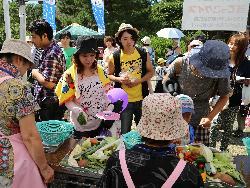 野菜の重さ当てクイズに参加する来場者たちの写真