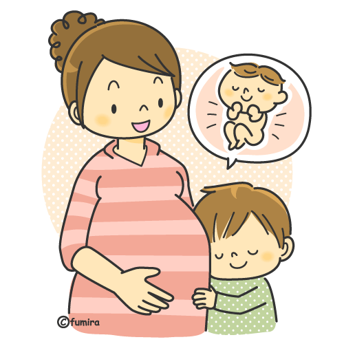 赤ちゃんが宿っているお母さんのお腹に顔をくっつけている男の子とお母さんの親子のイラスト