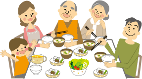 料理が並べられた机を囲む嬉しそうな5人家族の食卓風景のイラスト